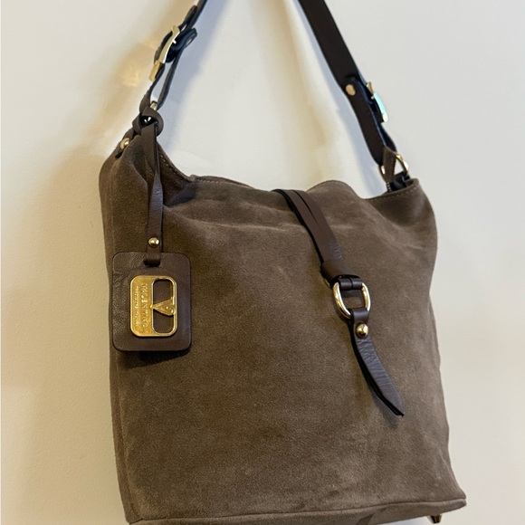 Valentina Brown Suede Shoulder Bag with Dark Leather Strap & Gold Hardware - Picture 2 of 8
